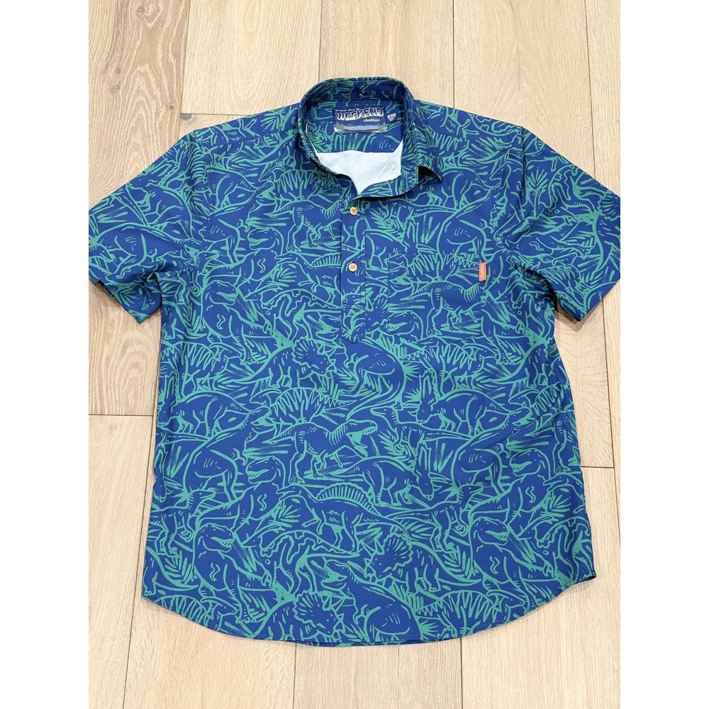 Chubbies Weekender Blue Green Dinosaur Print Polo Shirt Mens Novelty Party MED